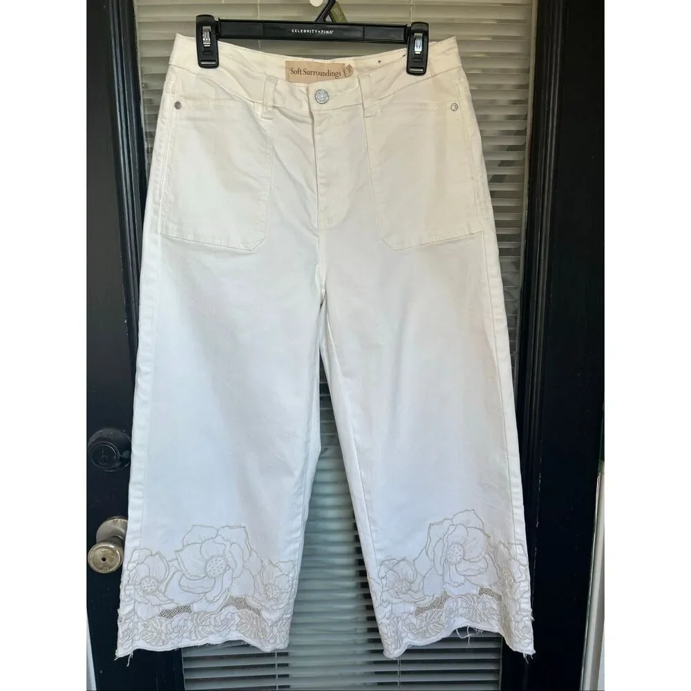 Soft Surroundings The Ultimate Wide Leg Crop Jeans Embroidered Ivory 6